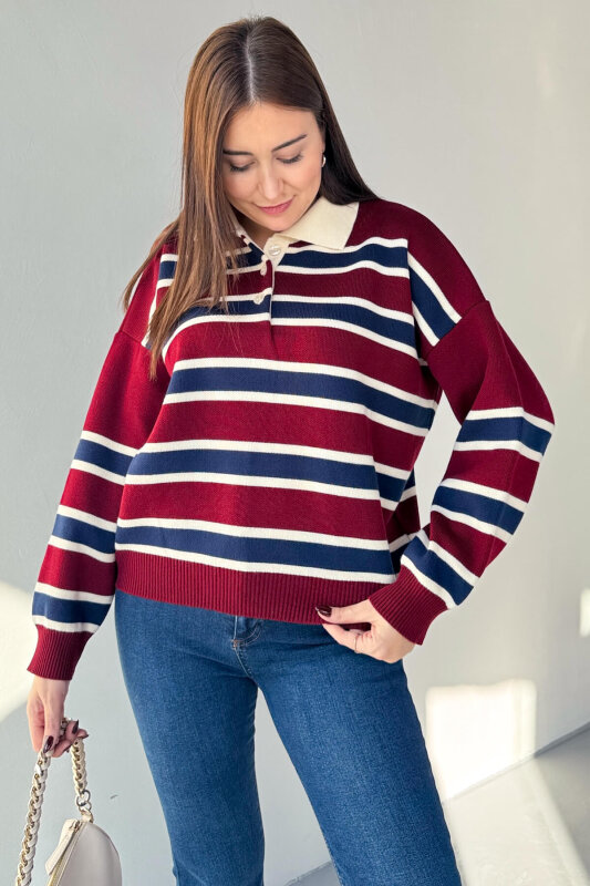 TRK-5317 Bordo Polo Yaka Düğmeli Çizgili Kazak - 1