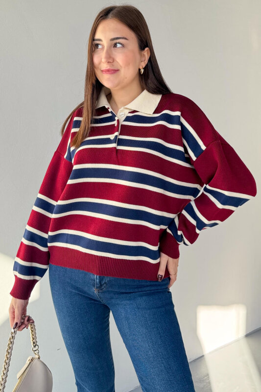 TRK-5317 Bordo Polo Yaka Düğmeli Çizgili Kazak - 2