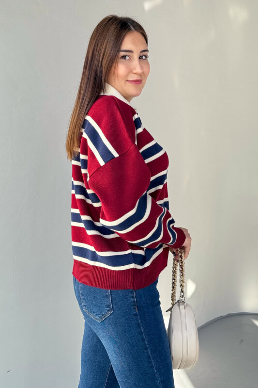 TRK-5317 Bordo Polo Yaka Düğmeli Çizgili Kazak - 4