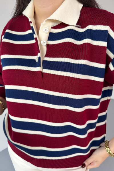 TRK-5317 Bordo Polo Yaka Düğmeli Çizgili Kazak - Cappmoda (1)