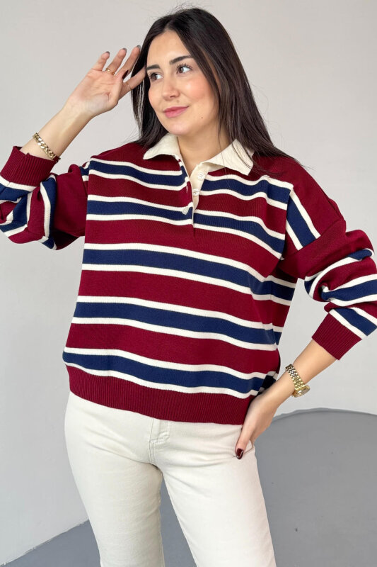 TRK-5317 Bordo Polo Yaka Düğmeli Çizgili Kazak - 3