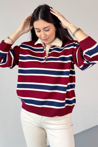 TRK-5317 Bordo Polo Yaka Düğmeli Çizgili Kazak - 4