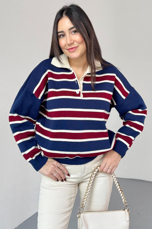 TRK-5317 Lacivert Polo Yaka Düğmeli Çizgili Kazak - 1