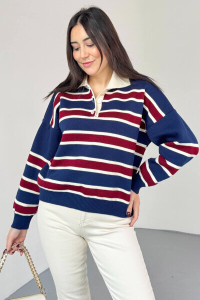 TRK-5317 Lacivert Polo Yaka Düğmeli Çizgili Kazak - Cappmoda (1)