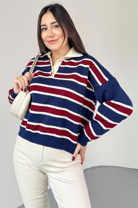 TRK-5317 Lacivert Polo Yaka Düğmeli Çizgili Kazak - 3