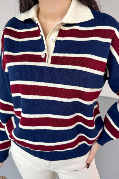 TRK-5317 Lacivert Polo Yaka Düğmeli Çizgili Kazak - 4