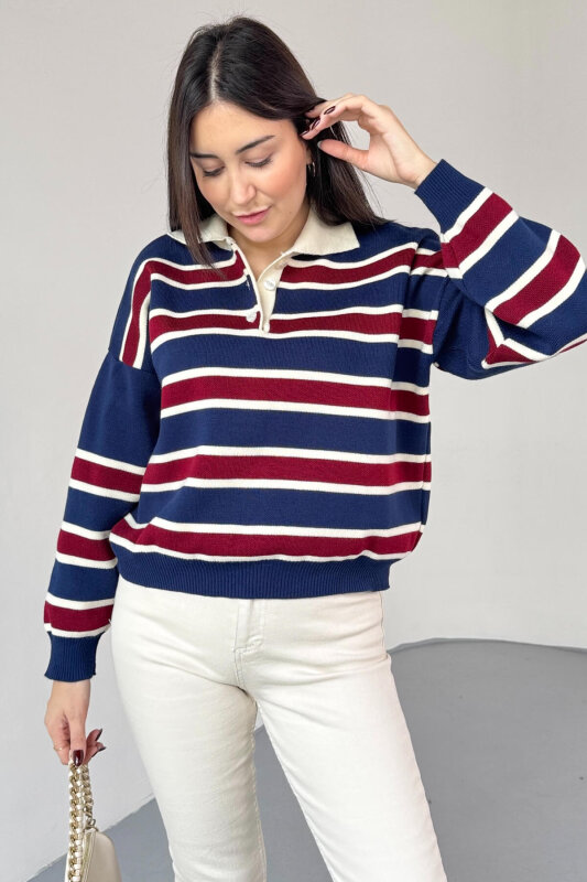 TRK-5317 Lacivert Polo Yaka Düğmeli Çizgili Kazak - 5