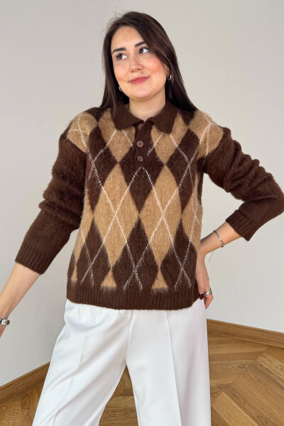 TRK-5320 Acı Kahve Tiftikli Polo Yaka Baklava Desen Triko Kazak - 3
