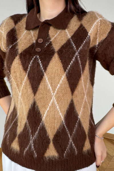 TRK-5320 Acı Kahve Tiftikli Polo Yaka Baklava Desen Triko Kazak - 4
