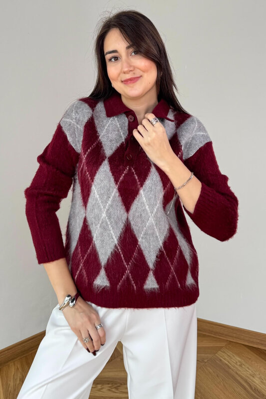 TRK-5320 Bordo Tiftikli Polo Yaka Baklava Desen Triko Kazak - 1