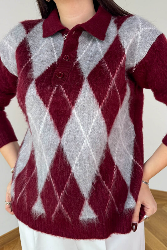 TRK-5320 Bordo Tiftikli Polo Yaka Baklava Desen Triko Kazak - 2