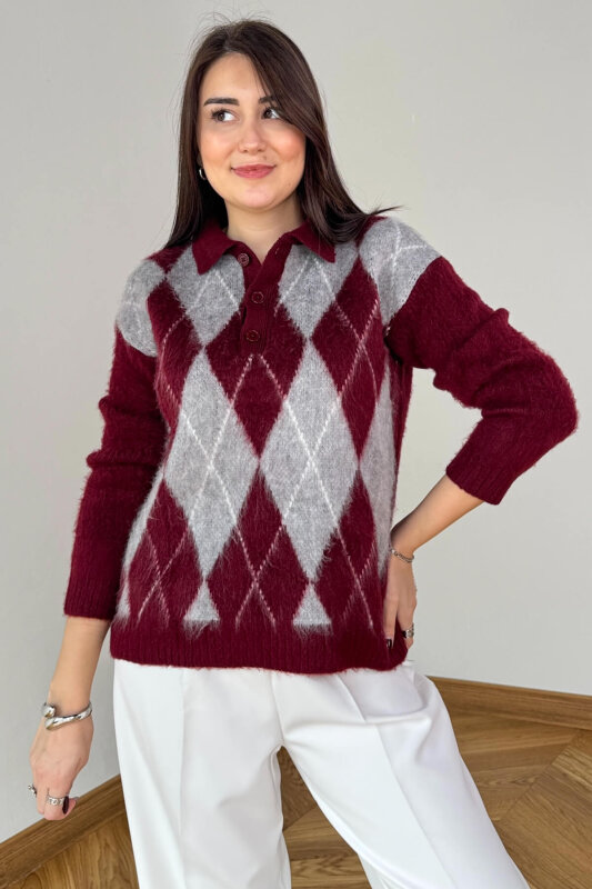 TRK-5320 Bordo Tiftikli Polo Yaka Baklava Desen Triko Kazak - 4