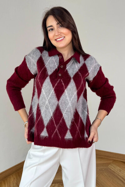 TRK-5320 Bordo Tiftikli Polo Yaka Baklava Desen Triko Kazak - 5