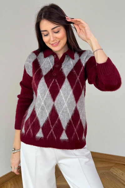 TRK-5320 Bordo Tiftikli Polo Yaka Baklava Desen Triko Kazak - 3