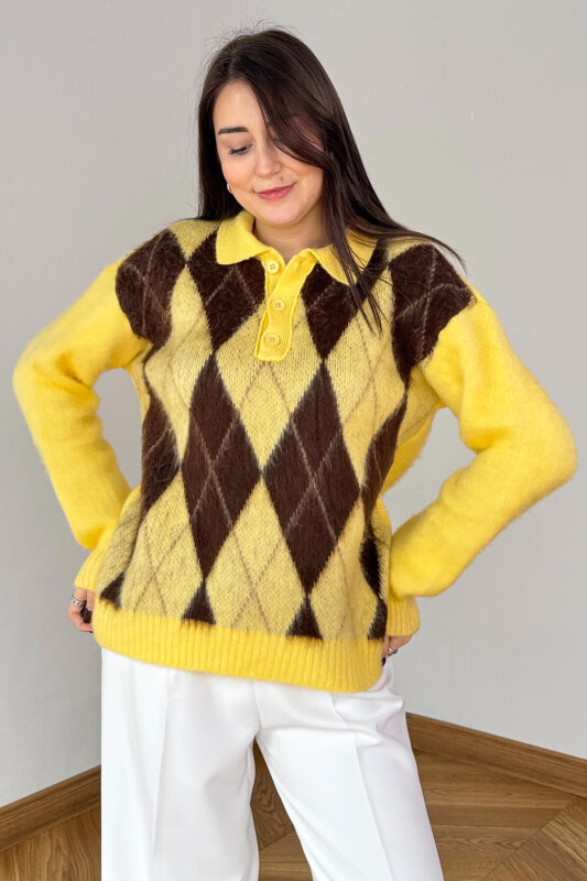TRK-5320 Sarı Tiftikli Polo Yaka Baklava Desen Triko Kazak - 1