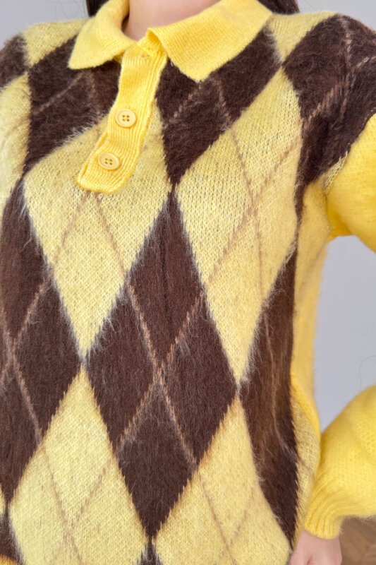 TRK-5320 Sarı Tiftikli Polo Yaka Baklava Desen Triko Kazak - 3