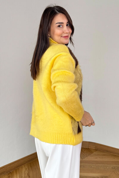 TRK-5320 Sarı Tiftikli Polo Yaka Baklava Desen Triko Kazak - 4