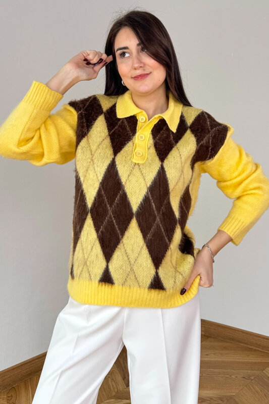 TRK-5320 Sarı Tiftikli Polo Yaka Baklava Desen Triko Kazak - 5
