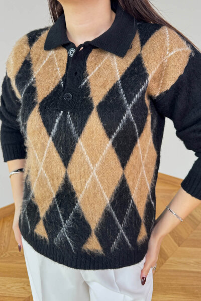 TRK-5320 Siyah Tiftikli Polo Yaka Baklava Desen Triko Kazak - 3