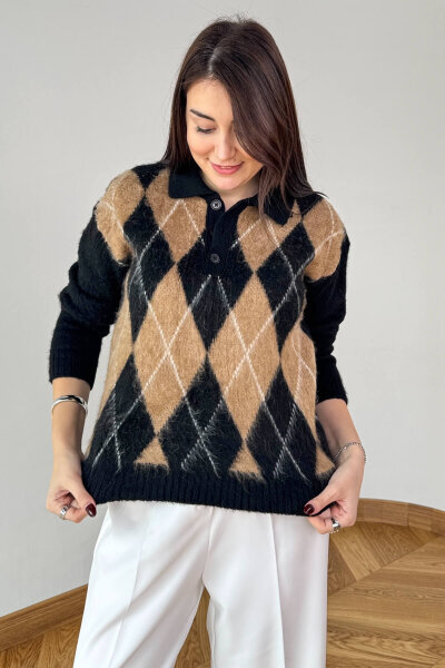 TRK-5320 Siyah Tiftikli Polo Yaka Baklava Desen Triko Kazak - Cappmoda