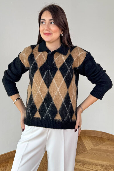 TRK-5320 Siyah Tiftikli Polo Yaka Baklava Desen Triko Kazak - 5