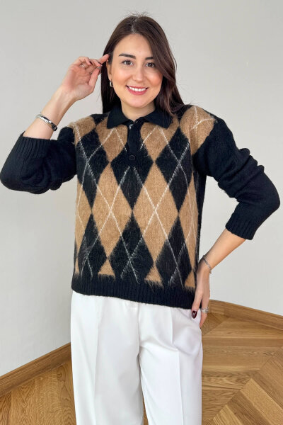 TRK-5320 Siyah Tiftikli Polo Yaka Baklava Desen Triko Kazak - Cappmoda (1)