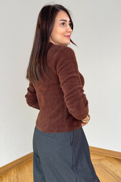 TRK-5321 Kahverengi Yumoş Sakallı Yuvarlak Yaka Triko Kazak - 6