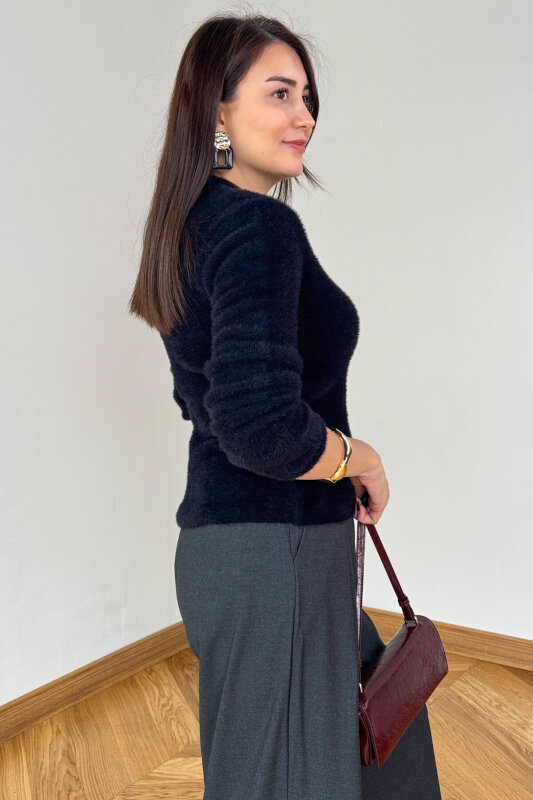 TRK-5321 Siyah Yumoş Sakallı Yuvarlak Yaka Triko Kazak - 3