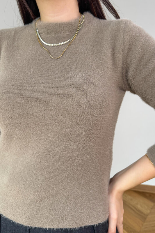 TRK-5321 Vizon Yumoş Sakallı Yuvarlak Yaka Triko Kazak - 3