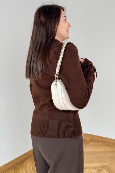 TRK-5322 Acı Kahve Püskül Kollu Polo Yaka Düğmeli Triko Hırka - 3