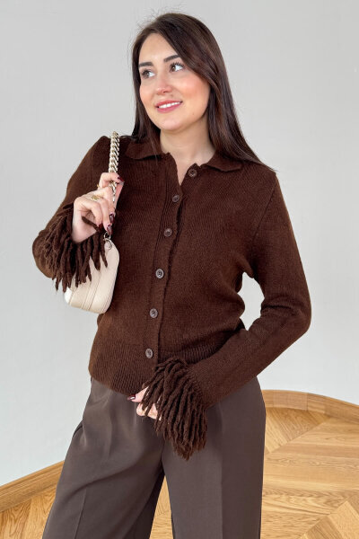 TRK-5322 Acı Kahve Püskül Kollu Polo Yaka Düğmeli Triko Hırka - 4