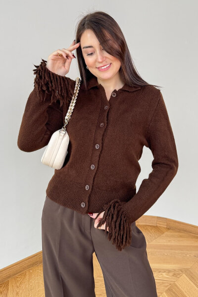 TRK-5322 Acı Kahve Püskül Kollu Polo Yaka Düğmeli Triko Hırka 