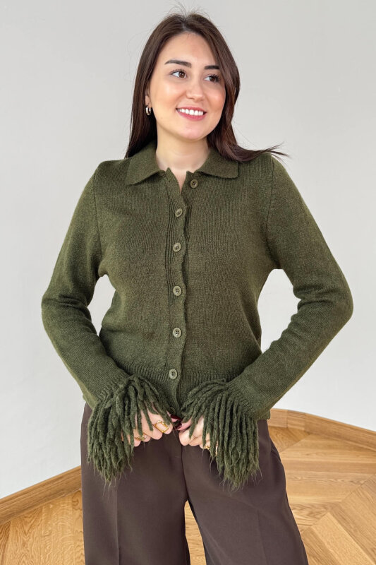 TRK-5322 Haki Püskül Kollu Polo Yaka Düğmeli Triko Hırka - 3