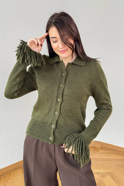 TRK-5322 Haki Püskül Kollu Polo Yaka Düğmeli Triko Hırka - Cappmoda