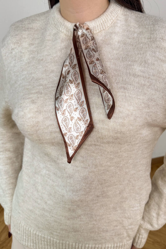 TRK-5323 Bej Fular Detaylı Oversize Salaş Triko Kazak - 5