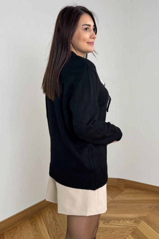 TRK-5323 Siyah Fular Detaylı Oversize Salaş Triko Kazak - 4