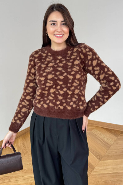 TRK-5324 Kahverengi Doğal Desen Dokulu Sakallı Bisiklet Yaka Triko Kazak - Cappmoda (1)