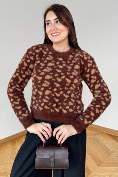 TRK-5324 Kahverengi Doğal Desen Dokulu Sakallı Bisiklet Yaka Triko Kazak - 3