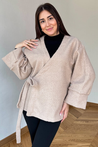 TRK-7012 Krem Buklet Dokulu Bağlamalı Hırka - Cappmoda (1)