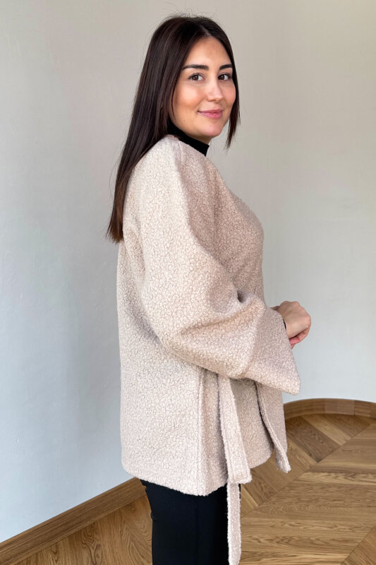 TRK-7012 Krem Buklet Dokulu Bağlamalı Hırka - 4