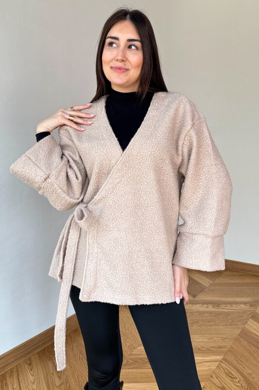 TRK-7012 Krem Buklet Dokulu Bağlamalı Hırka - 5