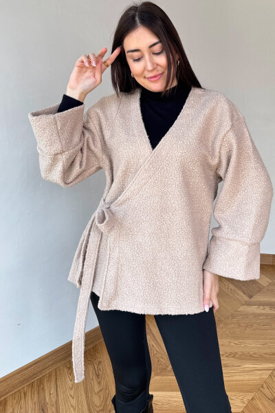 TRK-7012 Krem Buklet Dokulu Bağlamalı Hırka - Cappmoda