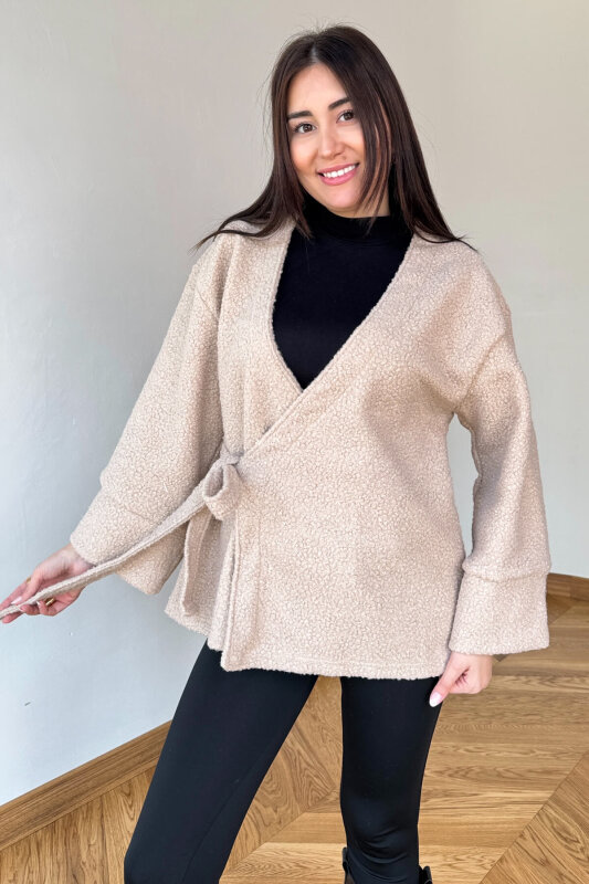 TRK-7012 Krem Buklet Dokulu Bağlamalı Hırka - 6