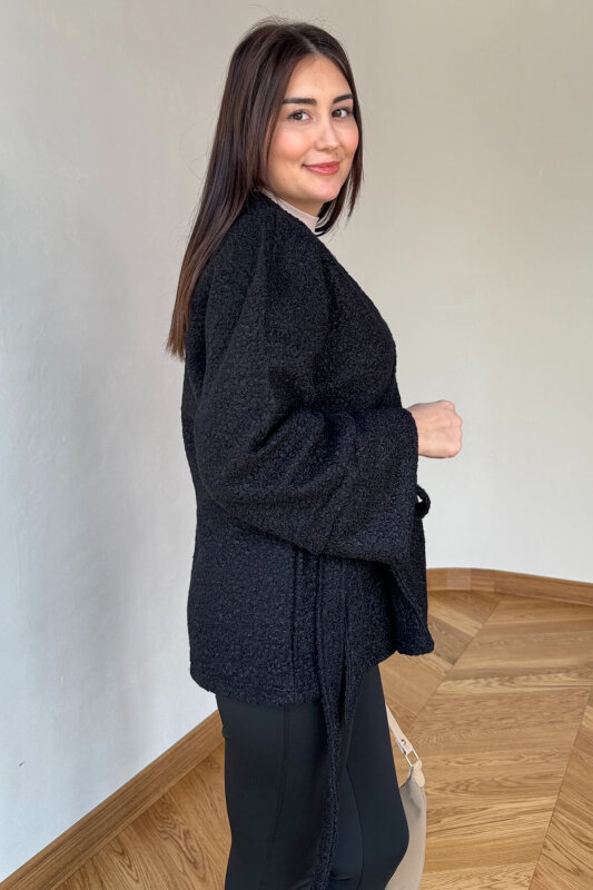 TRK-7012 Siyah Buklet Dokulu Bağlamalı Hırka - 5