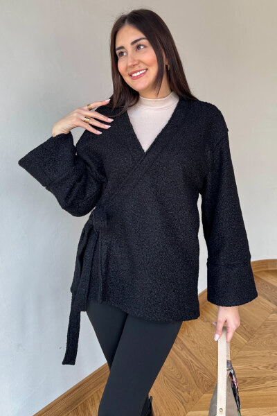 TRK-7012 Siyah Buklet Dokulu Bağlamalı Hırka - Cappmoda