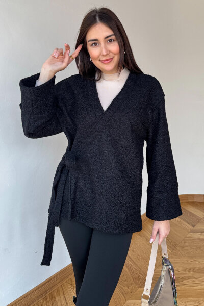 TRK-7012 Siyah Buklet Dokulu Bağlamalı Hırka - 3