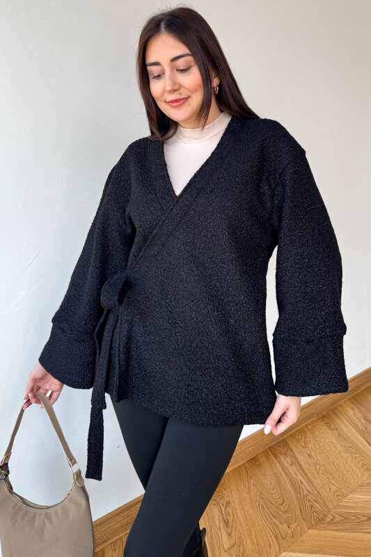 TRK-7012 Siyah Buklet Dokulu Bağlamalı Hırka - 4