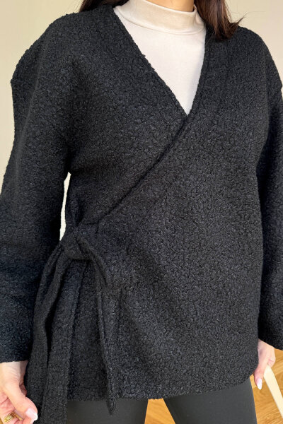 TRK-7012 Siyah Buklet Dokulu Bağlamalı Hırka - Cappmoda (1)