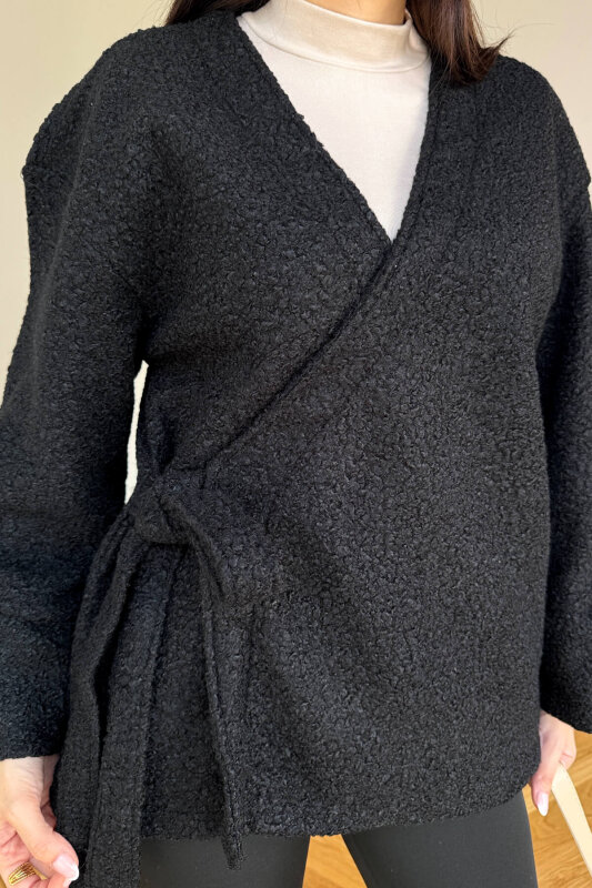 TRK-7012 Siyah Buklet Dokulu Bağlamalı Hırka - 2