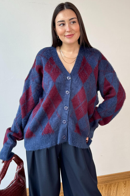 TRK-8182 Bordo-Lacivert Kırçıllı Triko Baklava Desen Oversize Hırka - 3